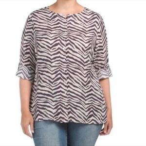 Tahari Brown Zebra Patterned 100% LINEN Blouse Roll Tab Resortwear Vacation 3X